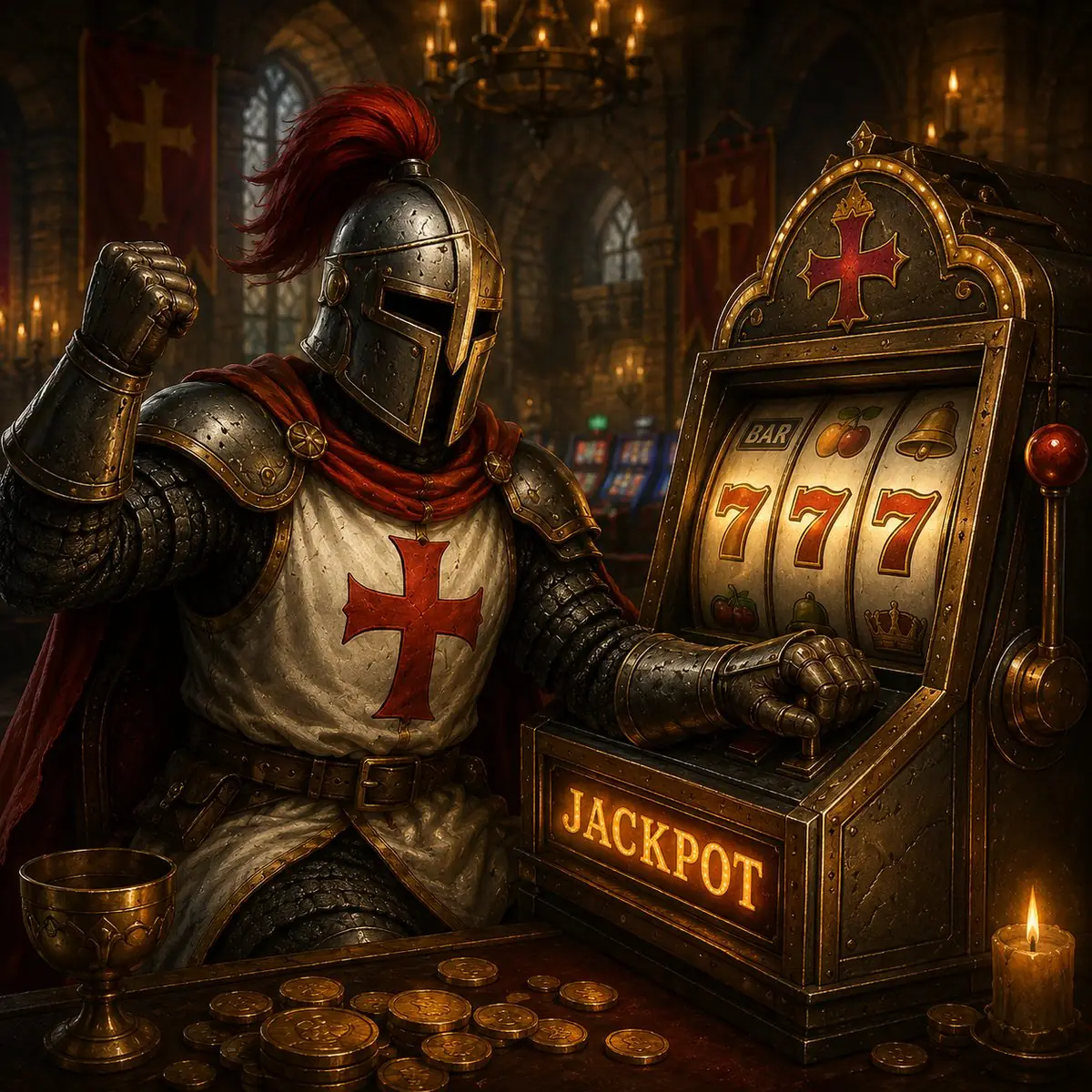 Caballero Crusado ante una tragaperras de jackpot